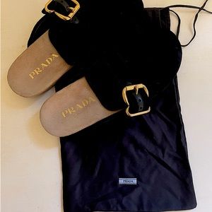 Prada Velvet Gold Buckle Round Mule Clog With Embossed Logo on Bottom -W Size 38